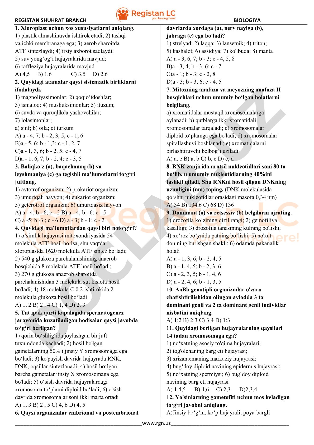 Xloroplast xususiyatlari va sistematik birliklar