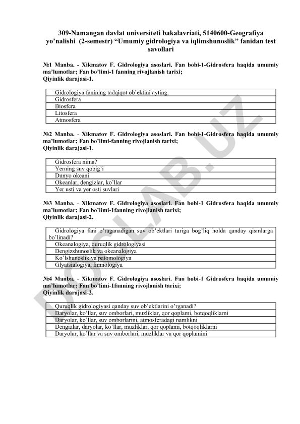 Umumiy gidrologiya va iqlimshunoslik fanidan test savollari