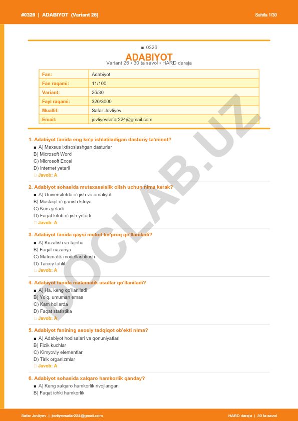 Adabiyot fanidan test savollari (Variant 26)
