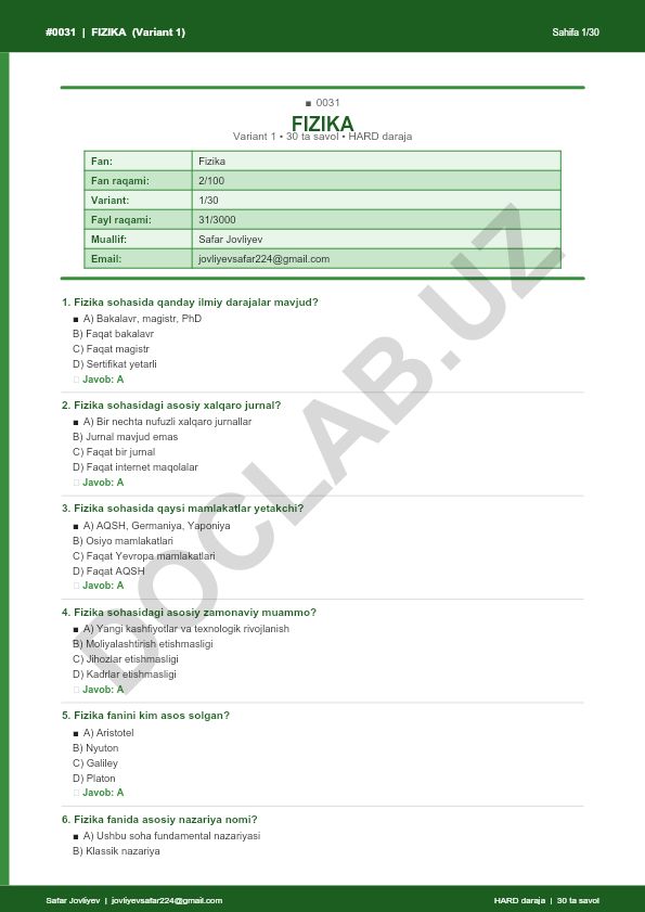 Fizika fanidan 30 ta savolli test (Variant 1)