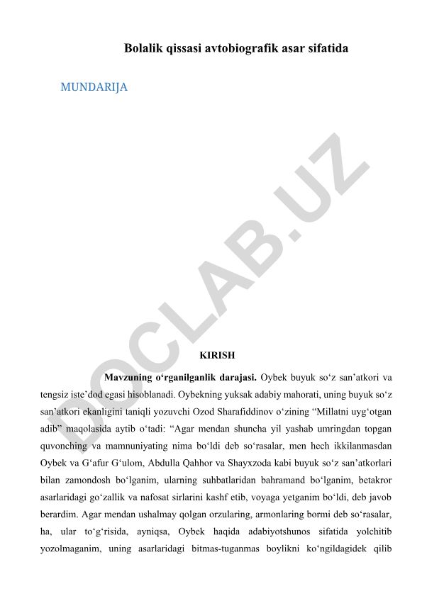 Oybekning “Bolalik” avtobiografik qissasining badiiy tahlili