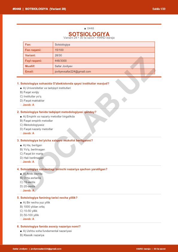 Sotsiologiya fanidan test savollari (Variant 28)