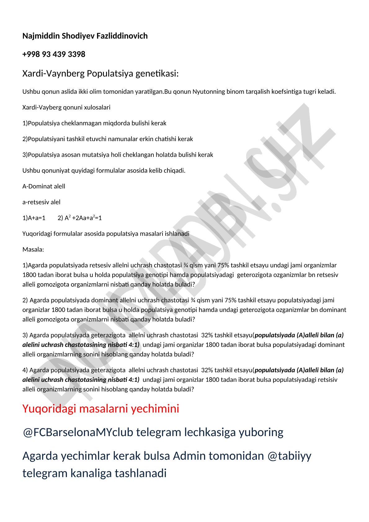 Xardi-Vaynberg populatsiya genetikasi qonuni