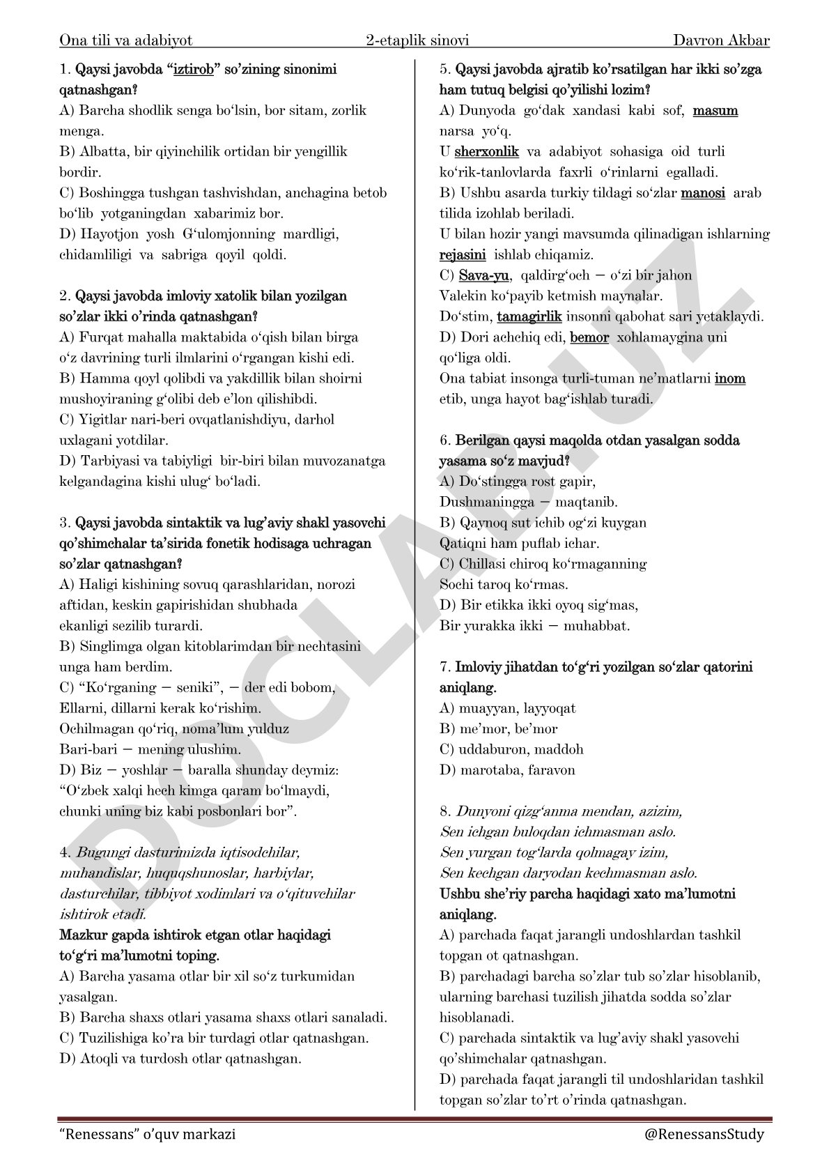 Ona tili va adabiyot 2-etaplik sinovi
