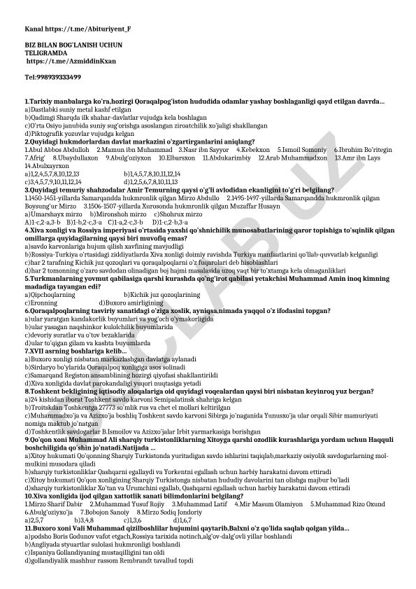 Qoraqalpog'iston tarixi va Amir Temur avlodlari test savollari