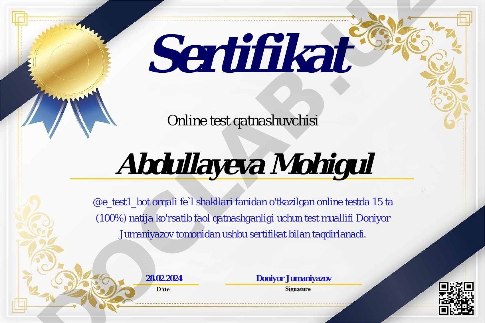 Fe'l shakllari fanidan online test sertifikati