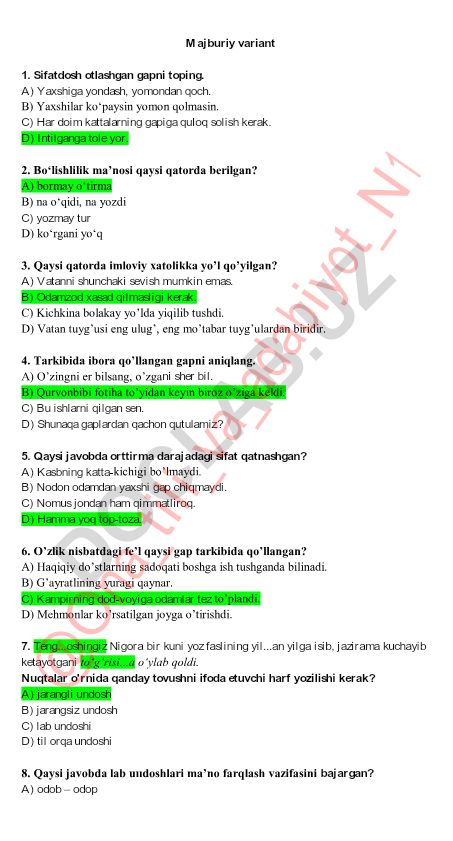 O'zbek tili test savollari va javoblari