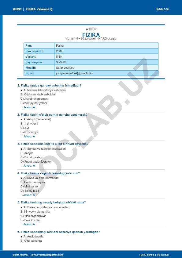 Fizika fanidan 30 ta savolli test (Variant 5)