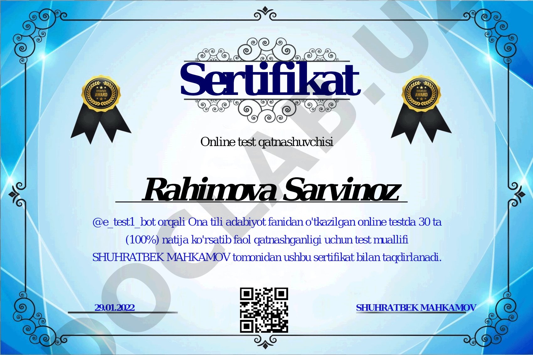 Ona tili adabiyot fanidan online test sertifikatlari