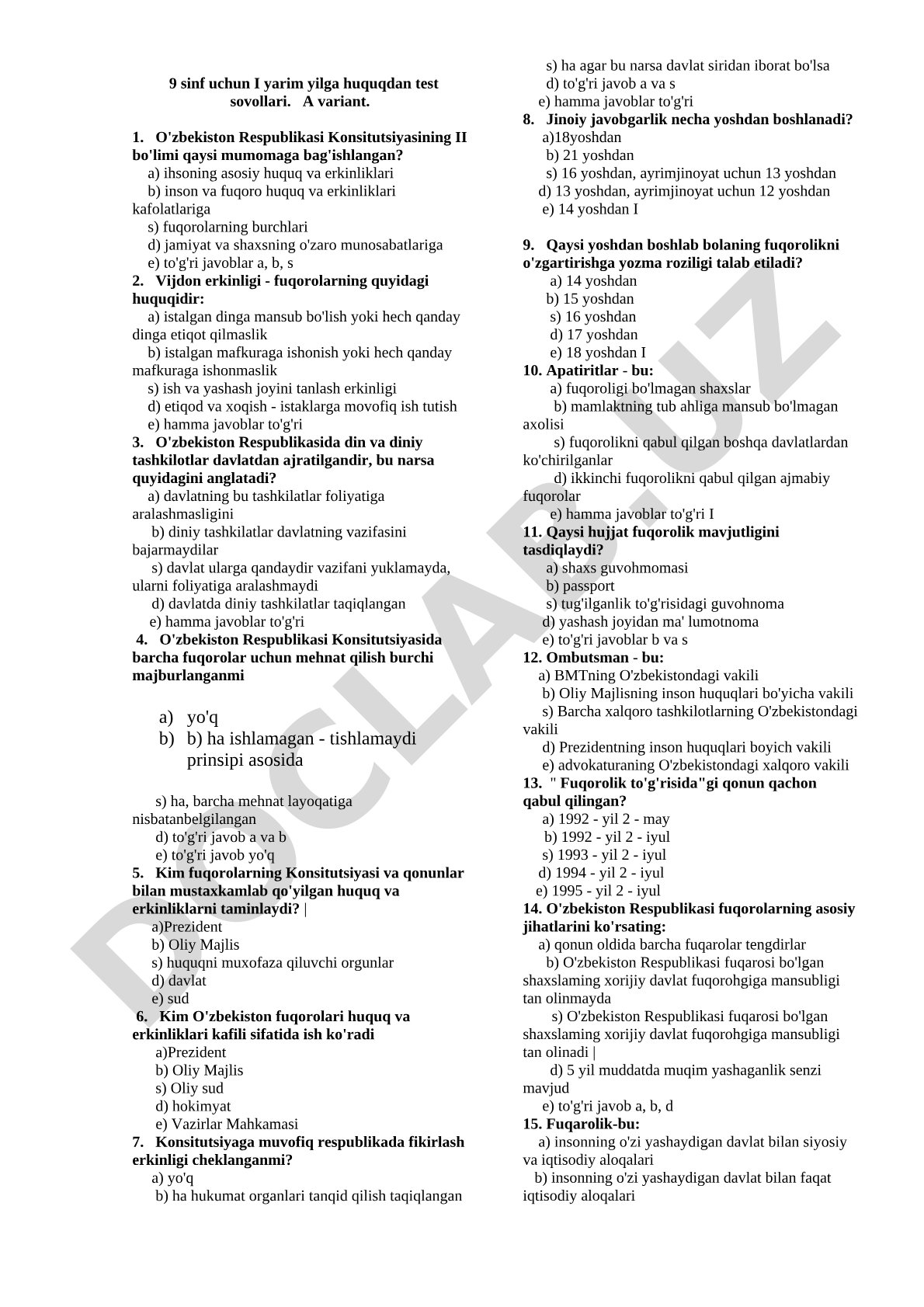 9 sinf uchun I yarim yilga huquqdan test sovollari. A variant