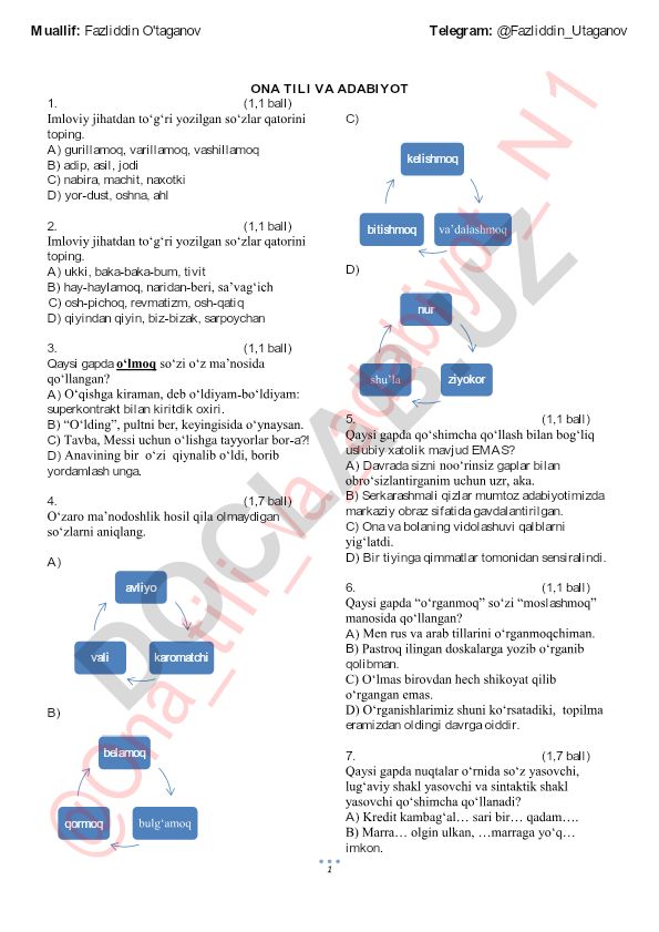 Ona tili va adabiyot fanidan test savollari