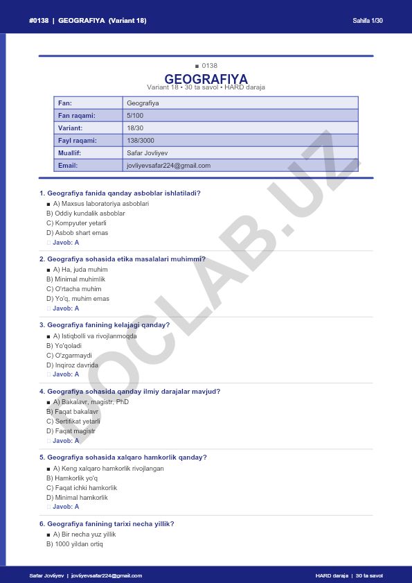 Geografiya faniga oid test savollari (Variant 18)