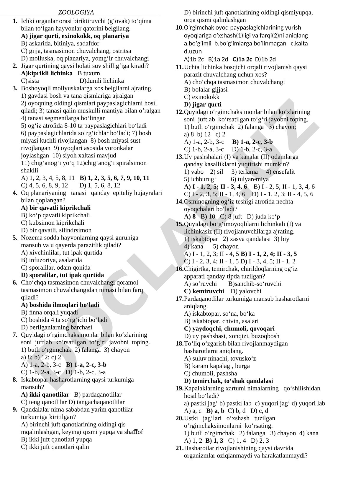 Zoologiya test savollari