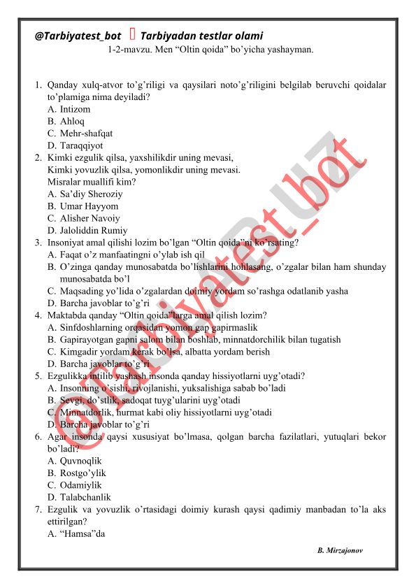 Oltin qoida bo'yicha test savollari