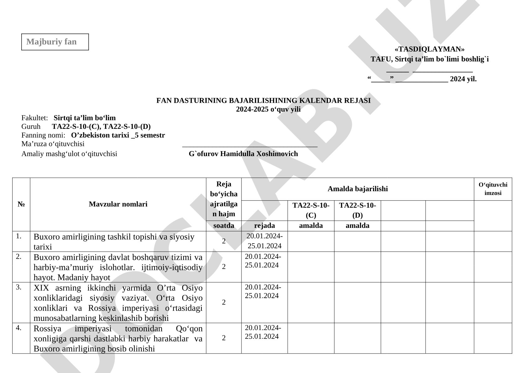 O'zbekiston tarixi fanining kalendar rejasi