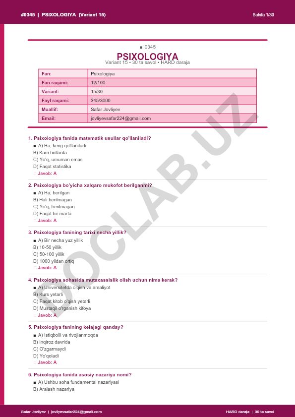 Psixologiya faniga oid test savollari (Variant 15)