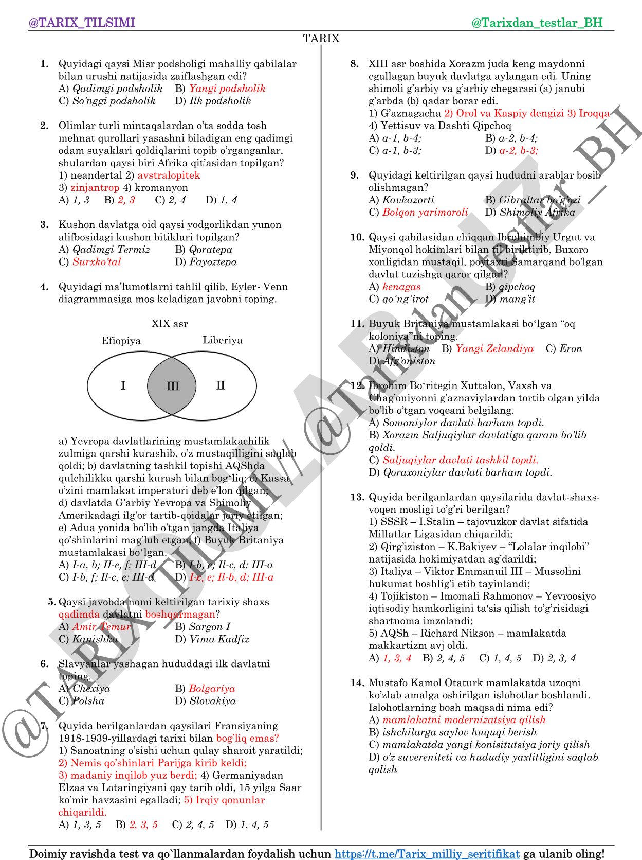 Tarix fanidan testlar to'plami