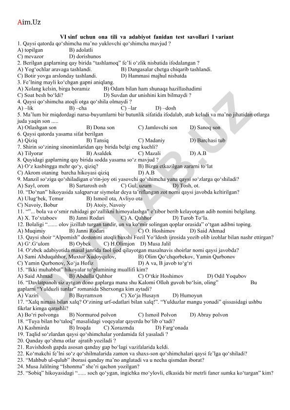 VI sinf uchun ona tili va adabiyot fanidan test savollari