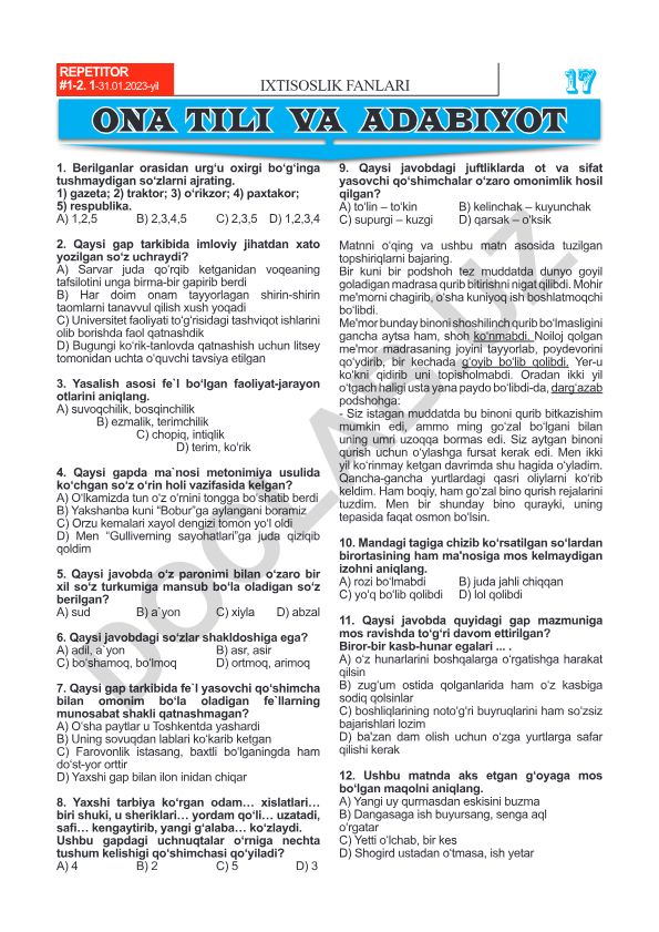 O'zbek tili imlo va grammatikasi test savollari