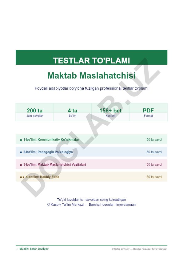 Maktab Maslahatchisi uchun Kommunikativ Ko'nikmalar va Pedagogik Psixologiya testlari