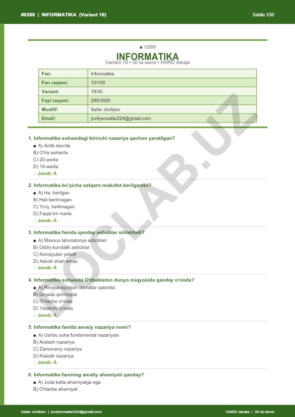 Informatika fanidan 30 ta savol testi (Variant 19)