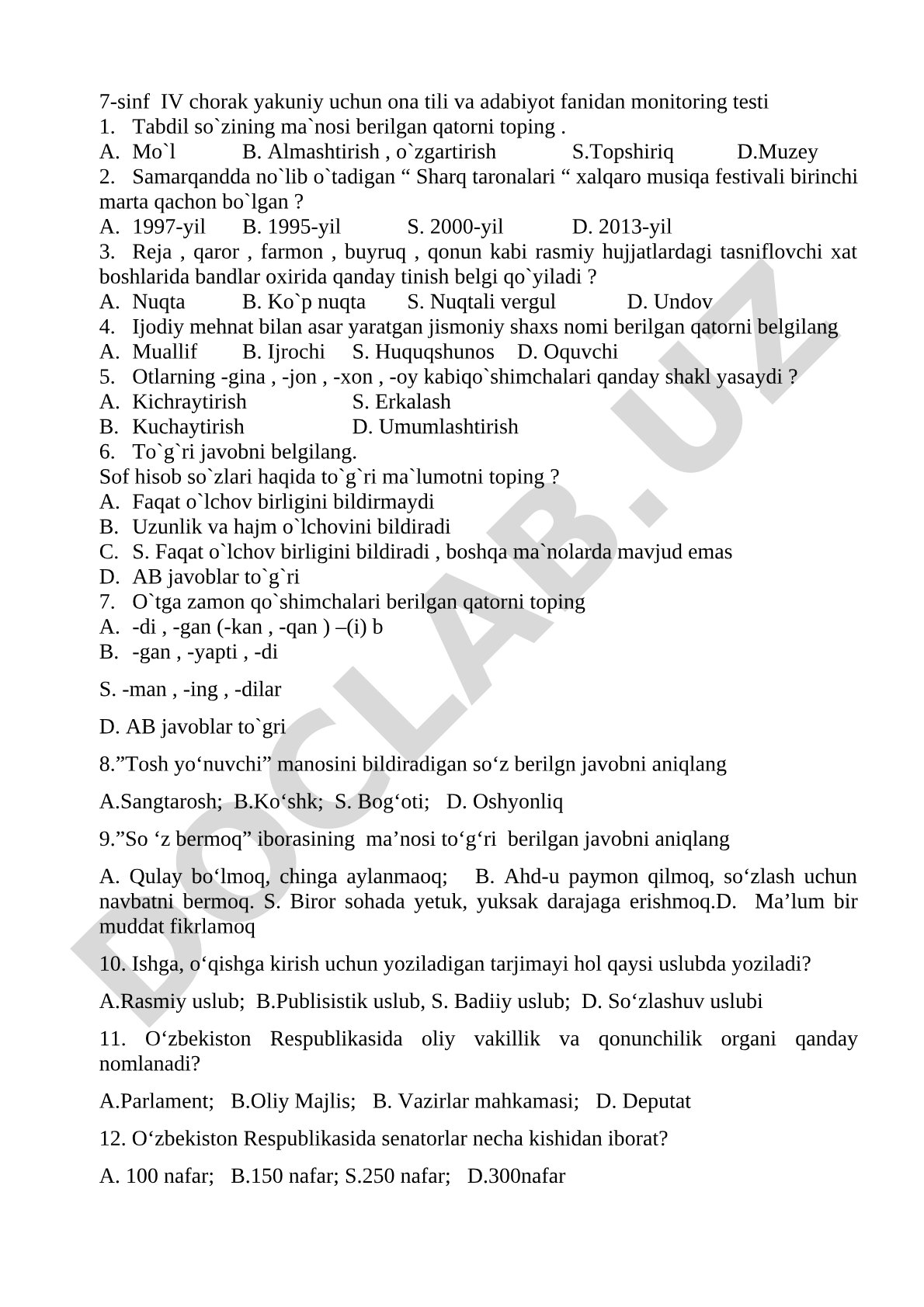 7-sinf IV chorak yakuniy monitoring testi