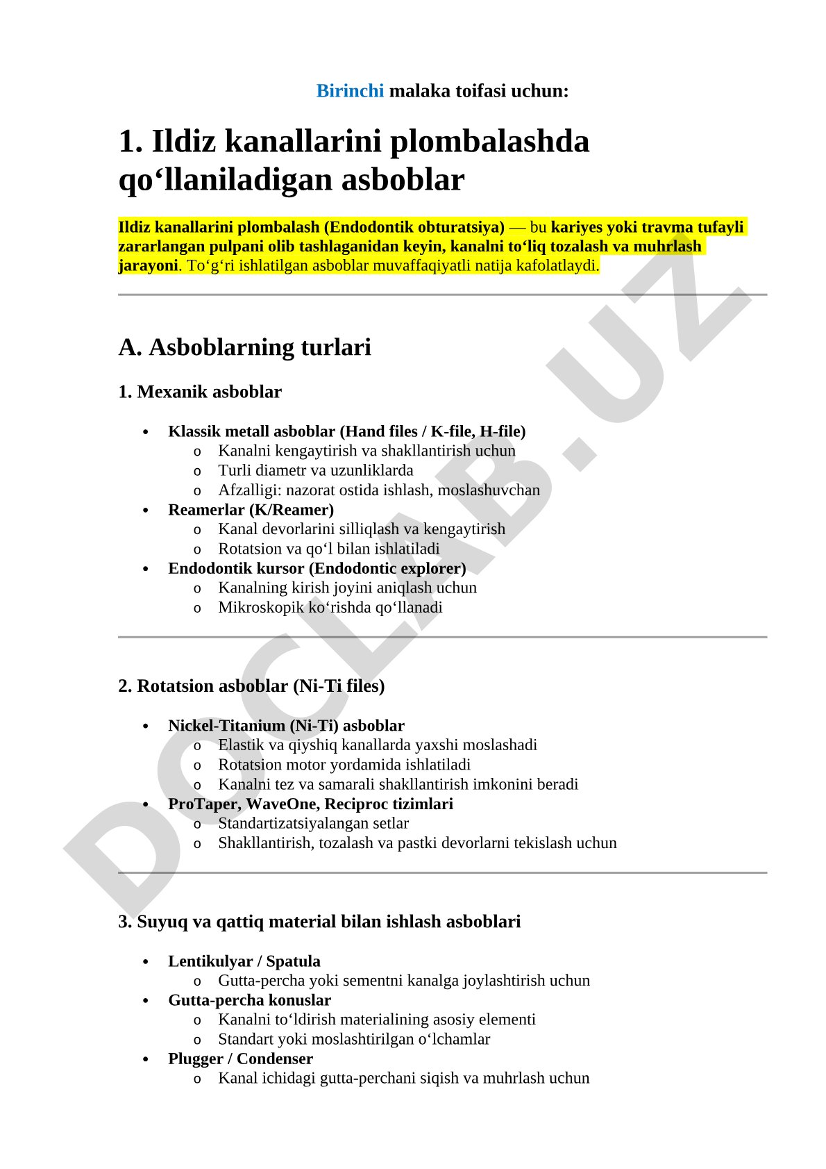 Ildiz kanallarini plombalashda qo‘llaniladigan asboblar