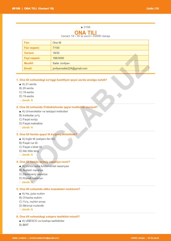 Ona tili fanidan test savollari (Variant 18)