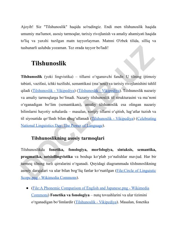Tilshunoslik haqida umumiy ma'lumot va asosiy tarmoqlar