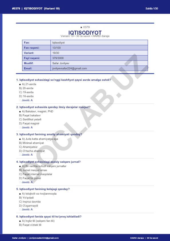 Iqtisodiyot faniga oid test savollari (Variant 19)