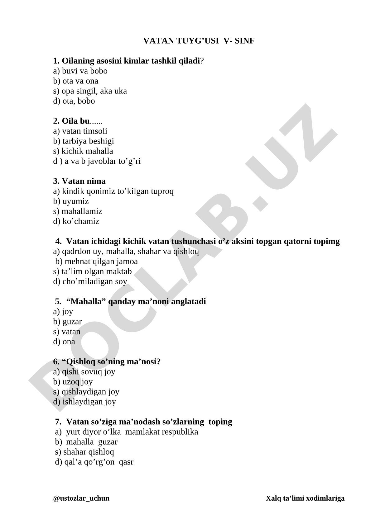 Vatan tuyg'usi V-sinf test savollari