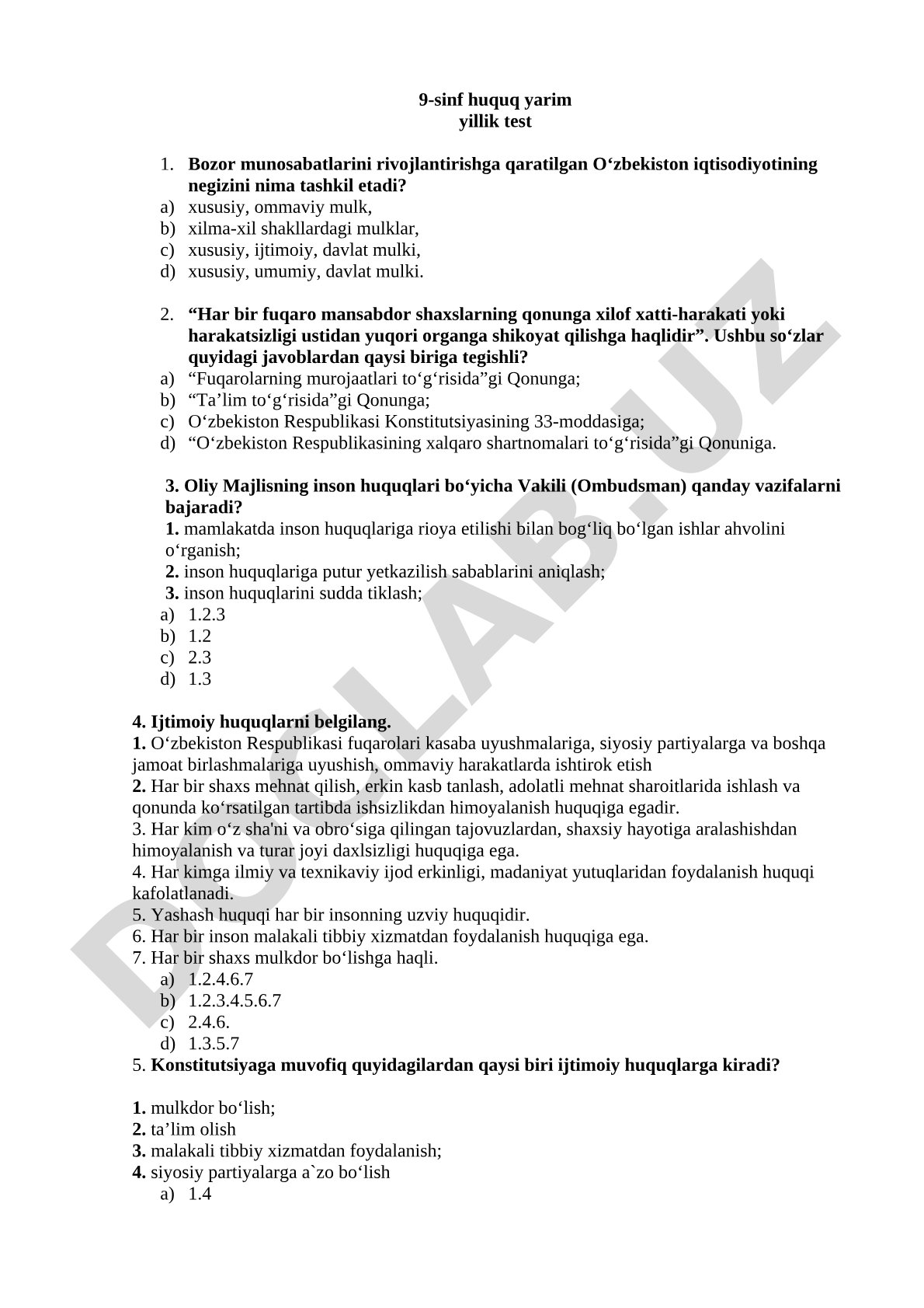 9-sinf huquq yarim yillik test