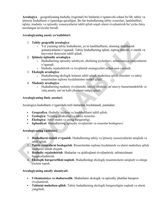 Arealogiya - hududiy geografiyaning asoslari va yo'nalishlari