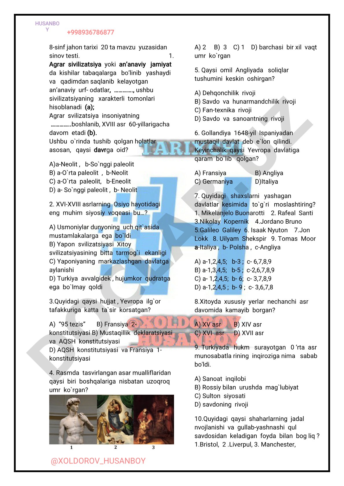 8-sinf jahon tarixi 20 ta mavzu yuzasidan sinov testi