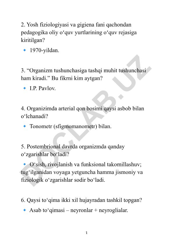 Yosh fiziologiyasi va gigiena fanidan test savollari