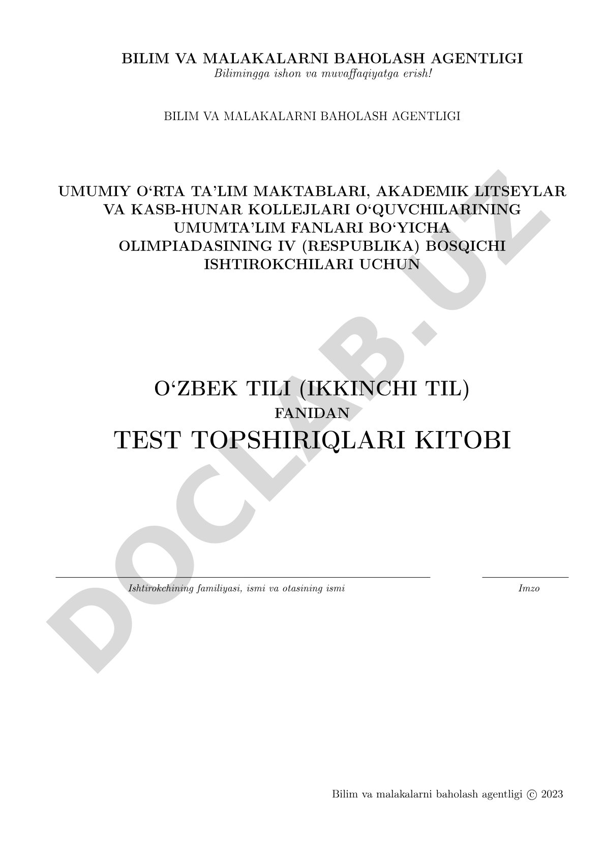 O‘zbek tili (Ikkinchi til) fanidan test topshiriqlari kitobi