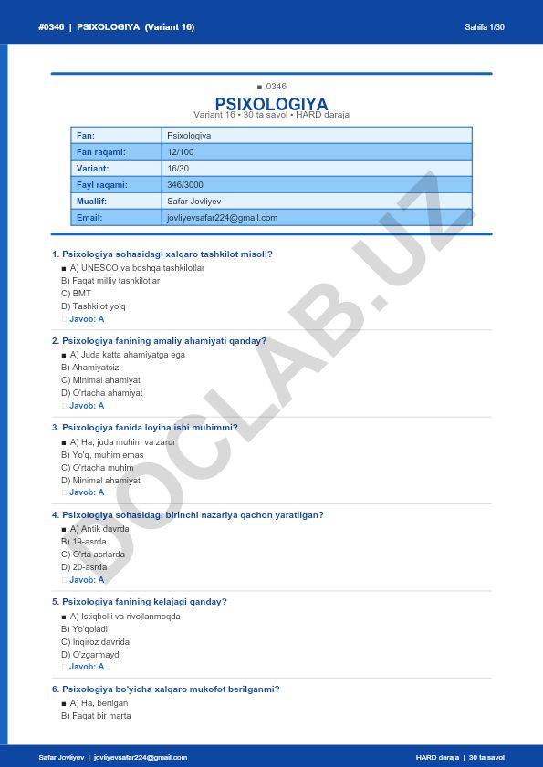 Psixologiya fanidan 30 ta savol testi (Variant 16)