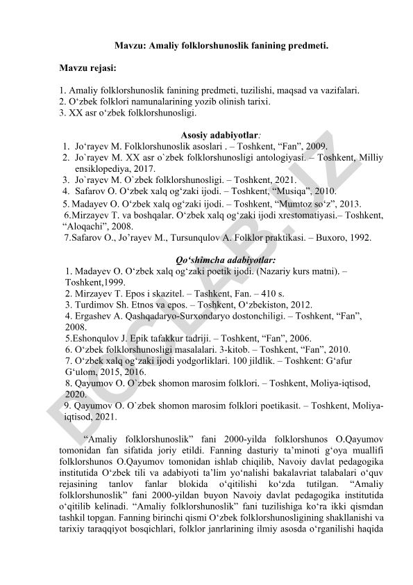 Amaliy folklorshunoslik fanining predmeti