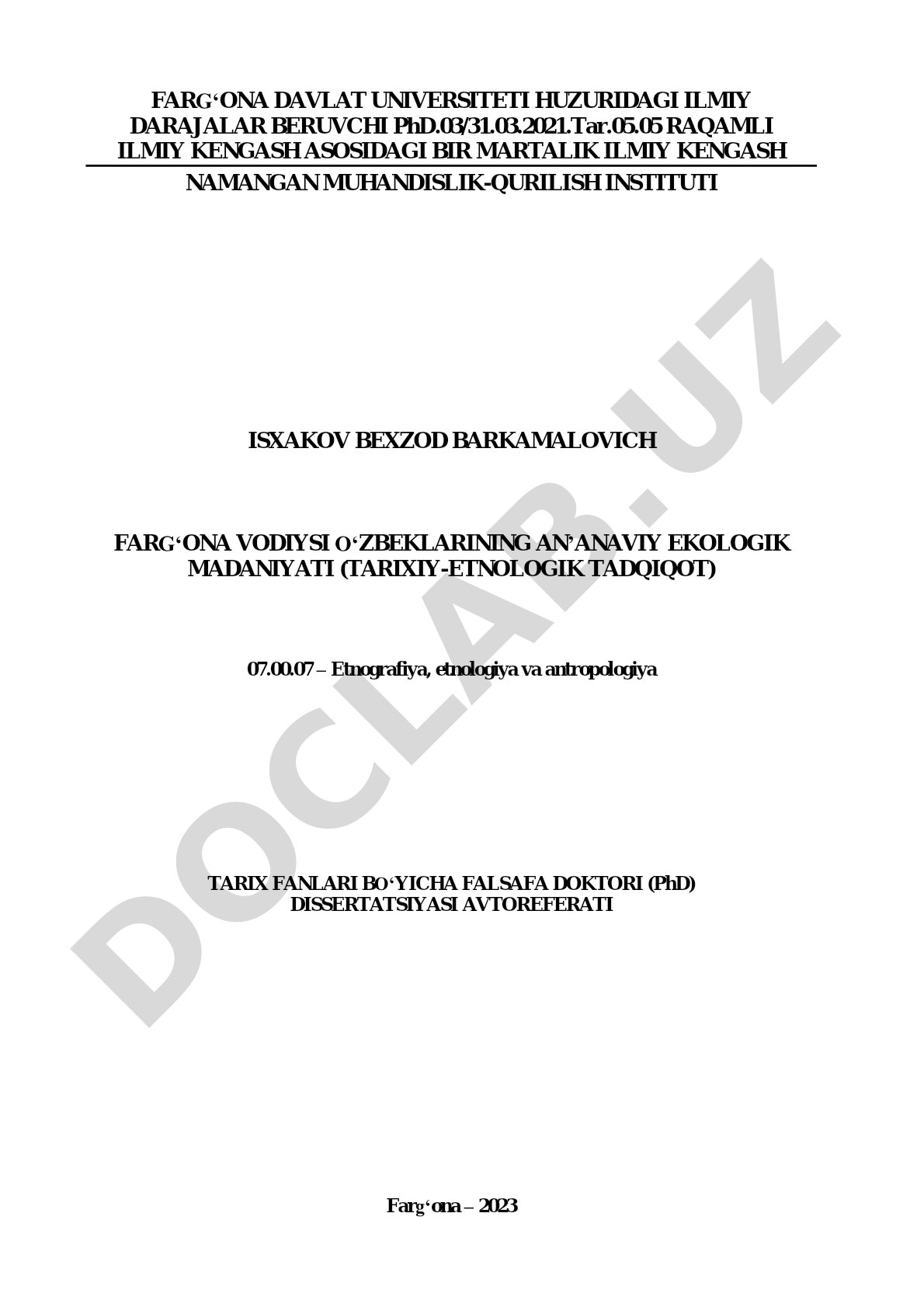 Farg‘ona vodiysi o‘zbeklarining an’anaviy ekologik madaniyati (tarixiy-etnologik tadqiqot)