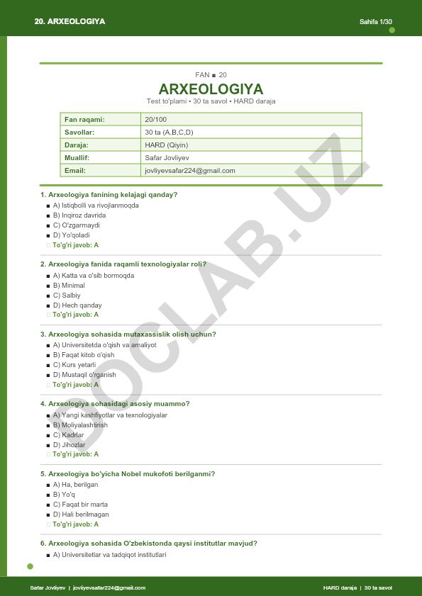 Arxeologiya faniga oid test to'plami