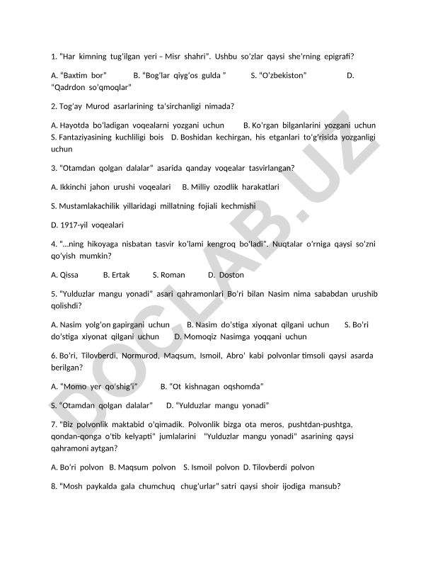 Adabiyot fanidan test savollari