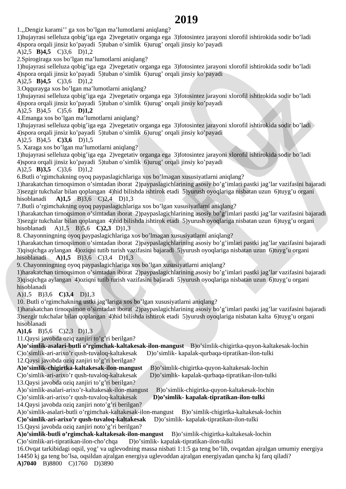 O'simliklar xususiyatlari test savollari