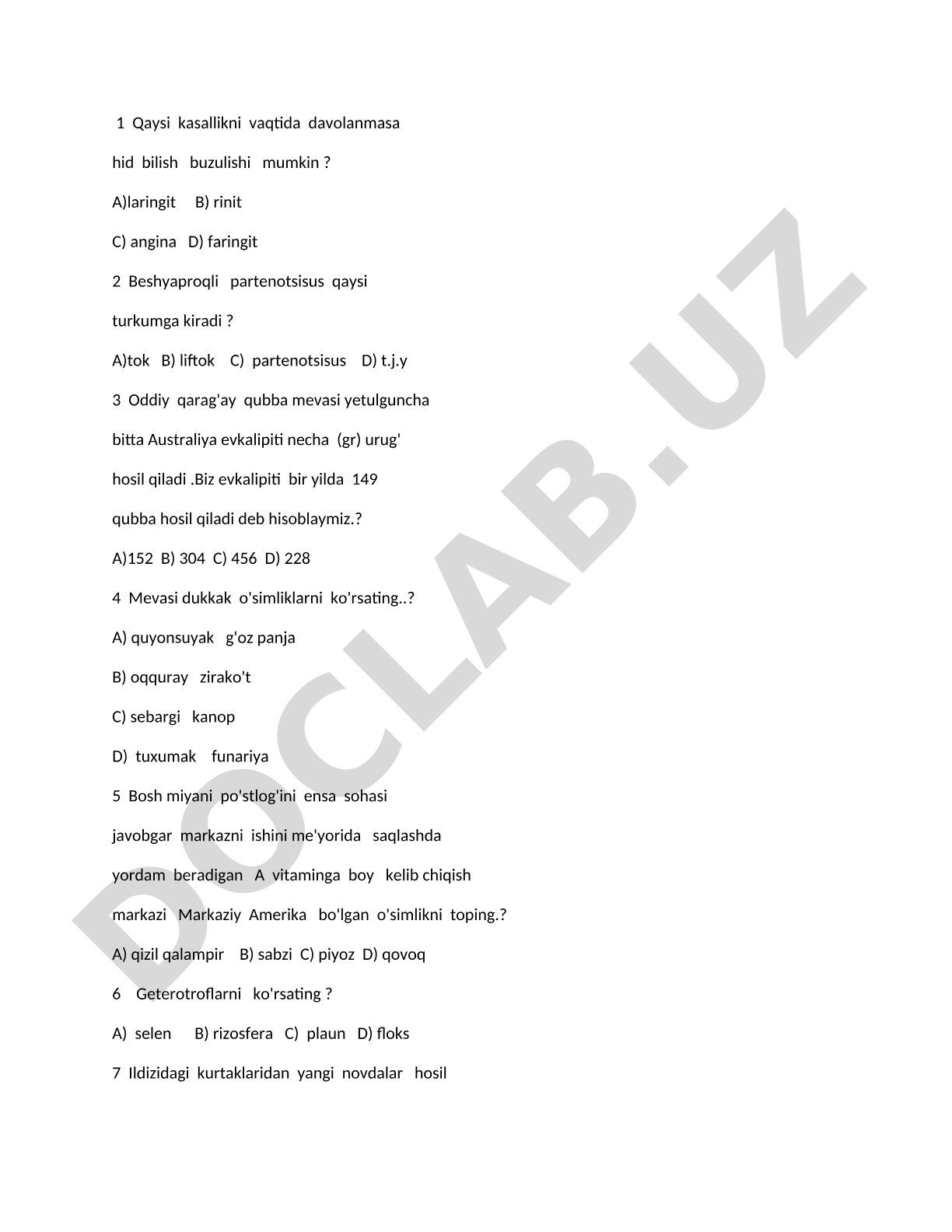 Biologiya fanidan test savollari