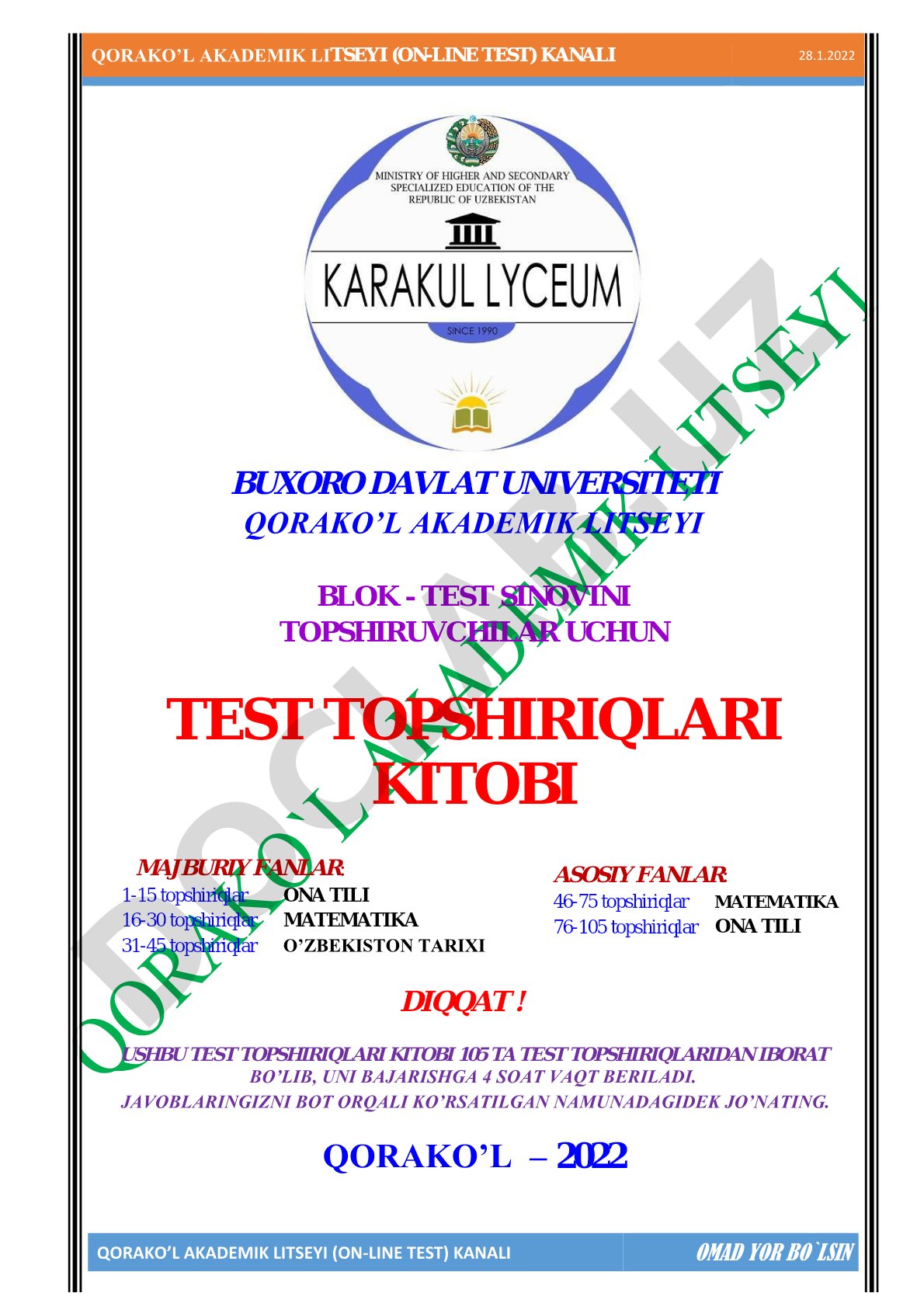 Qorako'l akademik litseyi blok test sinovi test topshiriqlari kitobi