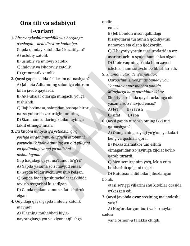 Ona tili va adabiyot fanidan test savollari