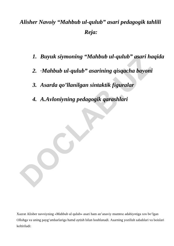 Alisher Navoiyning “Mahbub ul-qulub” asari pedagogik tahlili va Abdulla Avloniy