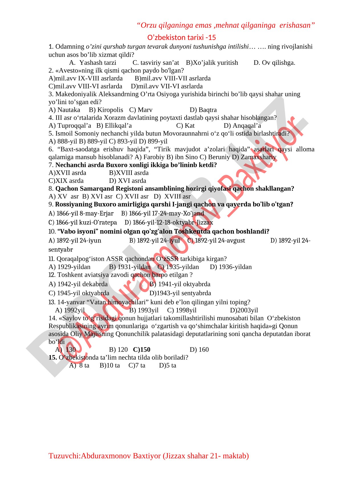 O'zbekiston tarixi test savollari