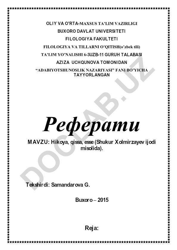 Hikoya, qissa, esse (Shukur Xolmirzayev ijodi misolida)
