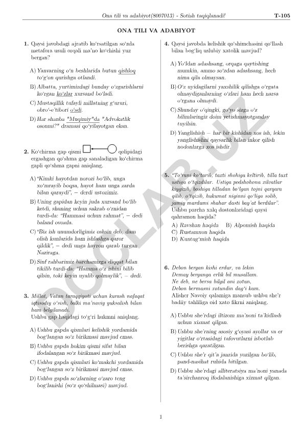 Ona tili va adabiyot fanidan test savollari