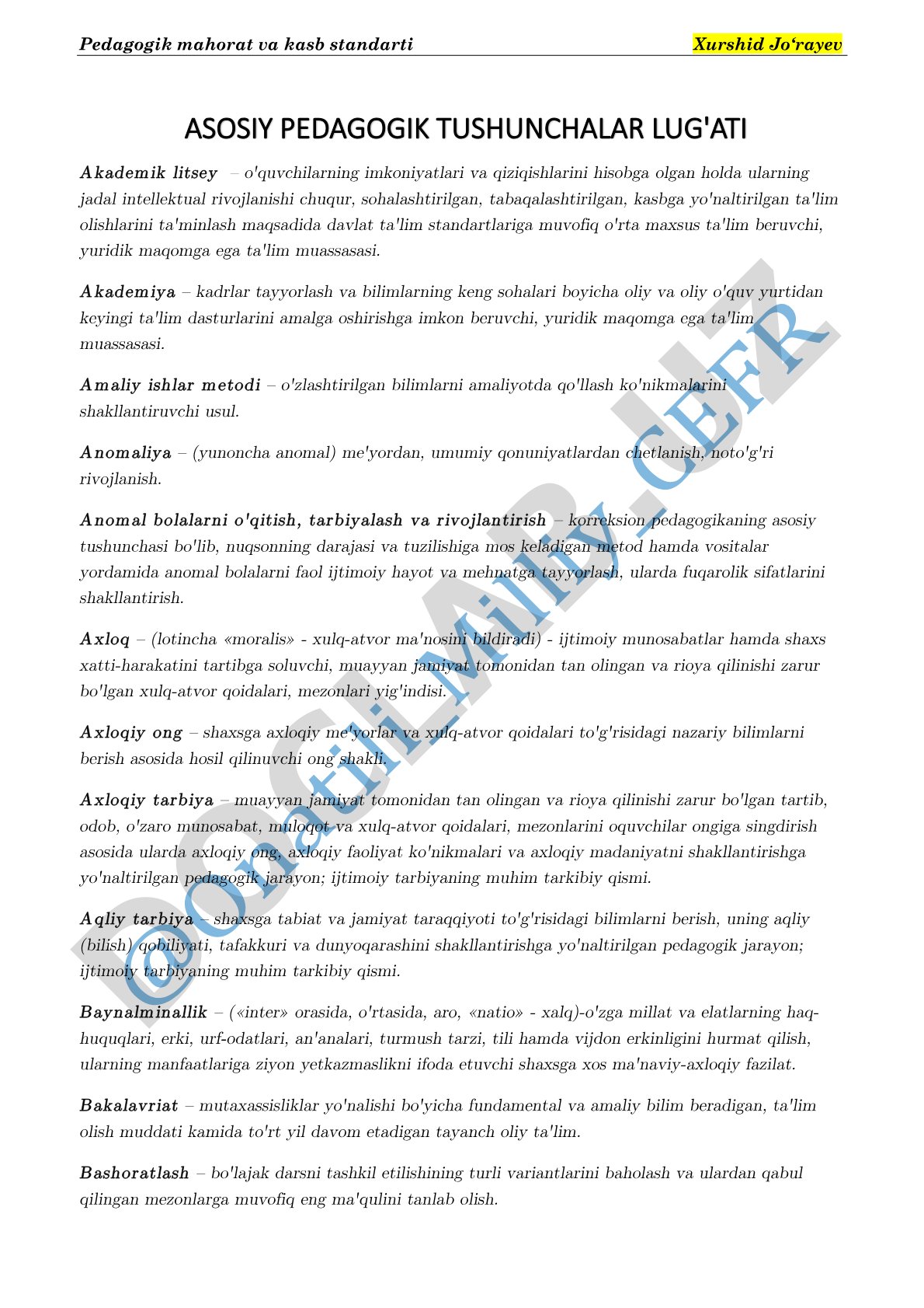 Pedagogik mahorat va kasb standarti